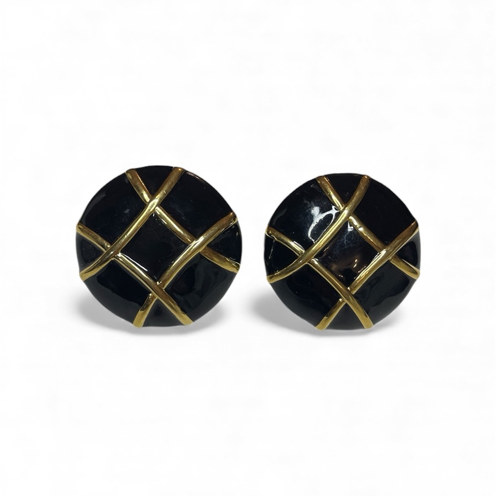 Vintage Courreges Paris Black Enamel And Gold Tone Earrings Clip On